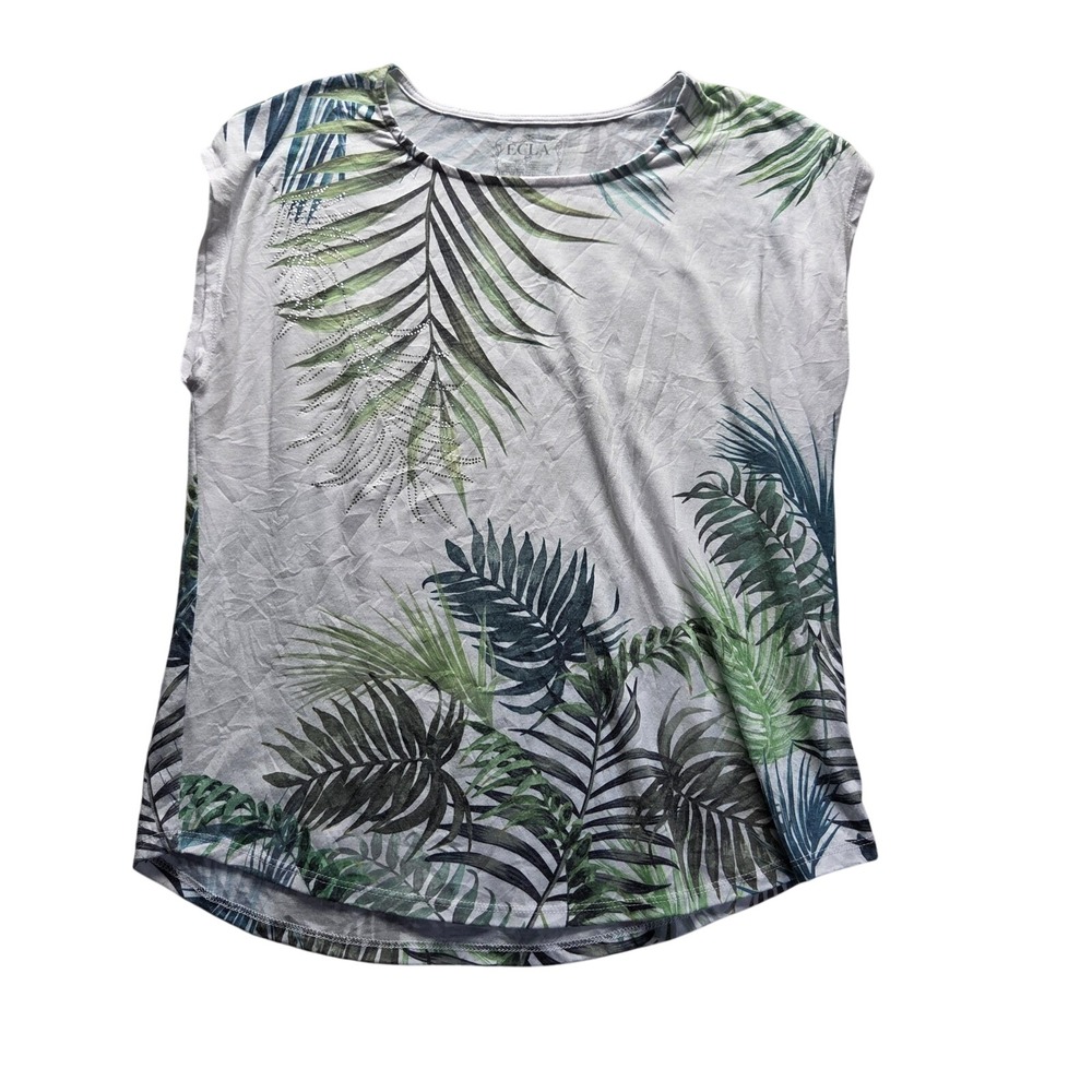 ECLA Shirt Womens Large White Crew Neck Cap Sleeve Tropical Rhinestone Top